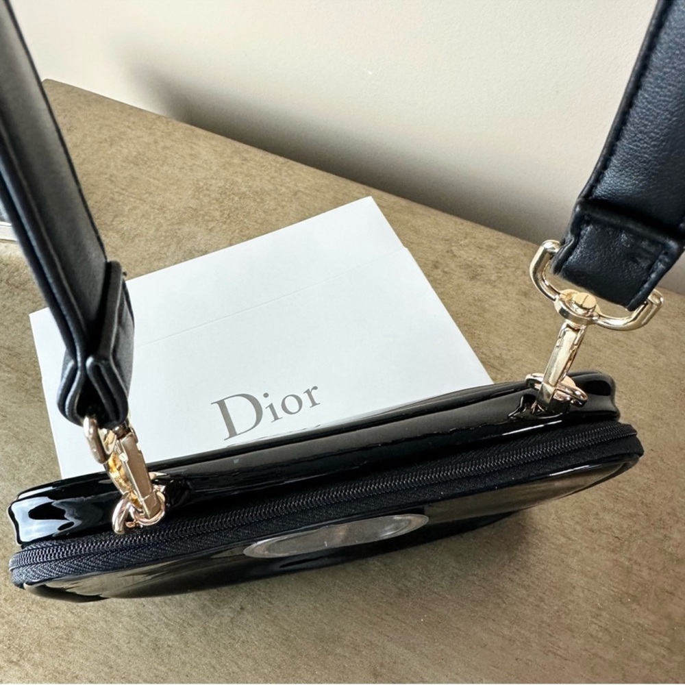 New Dior Upcycled Patent Cosmetic Bag Crossbody Black CD Logo Gold Hardware - Picture 8 of 12